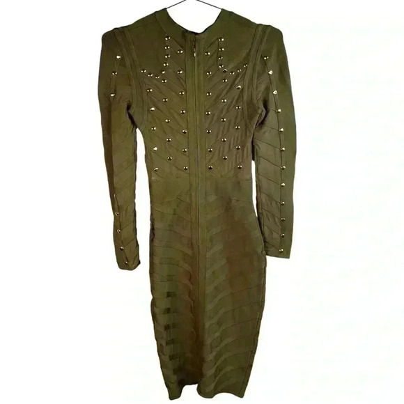 House of CB London Olive Green Mesh Bandage Mini Dress With Gold Studs - Picture 3 of 8